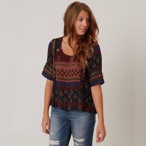 Patrons of Peace Multi-Colored Crochet Inset Printed Patchwork Blouse